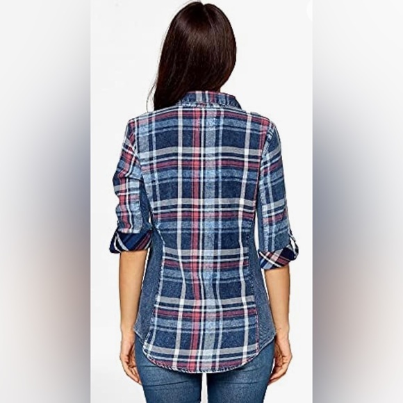 Ci Sono Plaid Collect 3/4 Tabbed Sleeves Button Front Top w Ribbed Side Panels - Picture 8 of 9